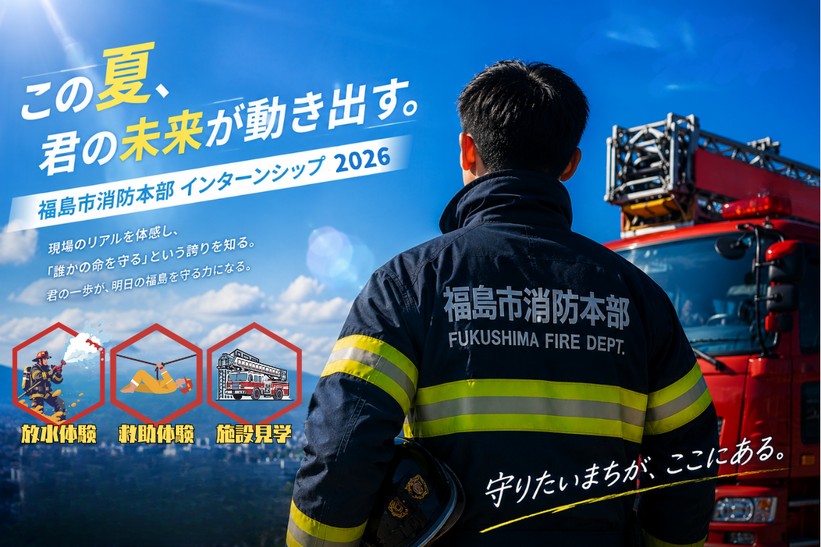 令和8年度インターンシップ広報用写真 防火服を着た消防士が高台から遠くの街並みを見つめる後ろ姿
