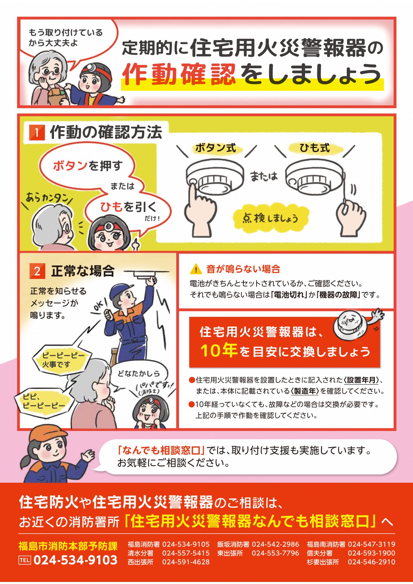 住宅用火災警報器のボタンを押すか紐を引いて定期的に点検しましょう。住宅用火災警報器は10年を目安に交換しましょう。