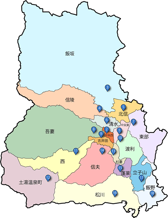災害時給水所の位置18ヶ所を番号で示した福島市内の地図