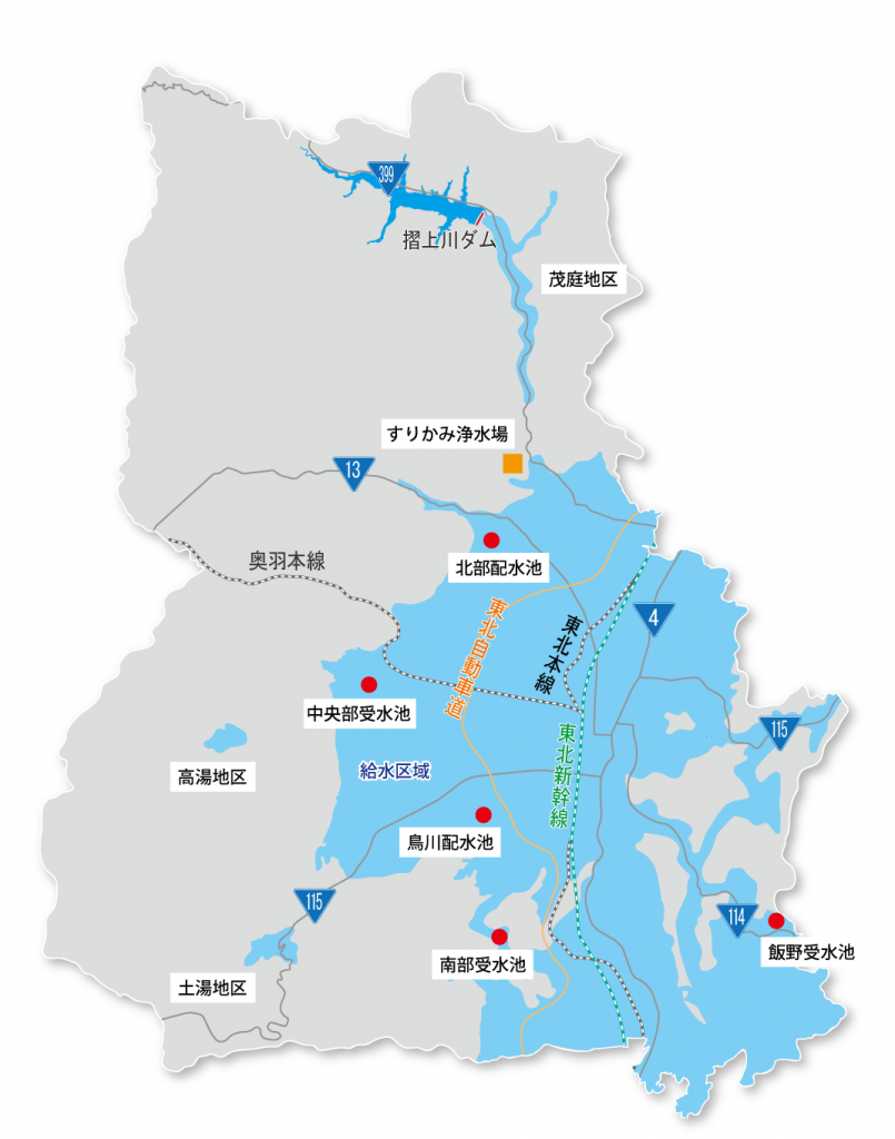 「北部配水池」、「中央部受水池」、「南部受水池」、「鳥川配水池」、「飯野受水池」の5か所の受水施設を赤丸で示した福島市全体地図