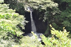 木々の深い緑に囲まれた岩肌の割れ目から、勢いよく水が流れ落ちている「行人滝」を写した写真