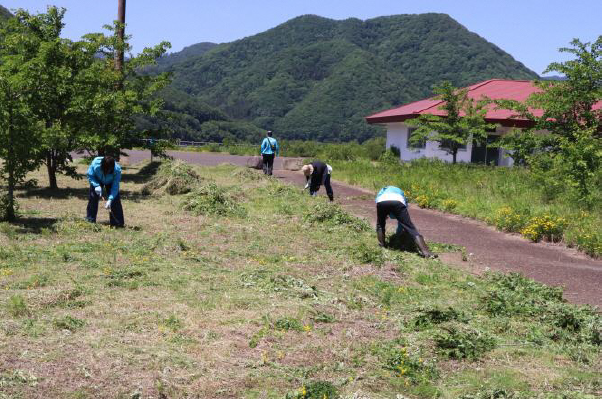 奥に大量の刈り取られた草の山が積み上げられ、芝生と木が点在する広場では、青い作業服の複数の作業員が東屋の周りで除草作業を行っている写真