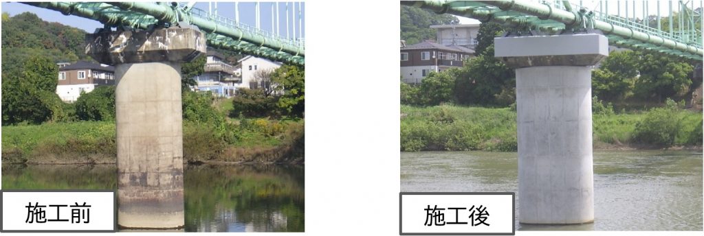 左:古いコンクリートの表面が汚れている施工前の写真右:新しくきれいなコンクリートに改修された施工後の写真