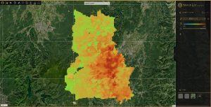 福島市全体が黄色や赤色になっている場所がある地表面高温リスクを可視化した地図