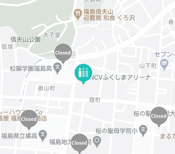 地図上でNCV福島アリーナの位置に三人の人型のピンが立っており、水色で一人目が白色になっているピンがある混雑状況の地図の写真