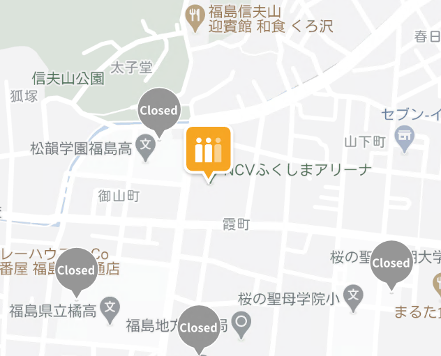 地図上でNCV福島アリーナの位置に三人の人型のピンが立っており、オレンジ色で二人が白色になっているピンがある混雑状況の地図の写真