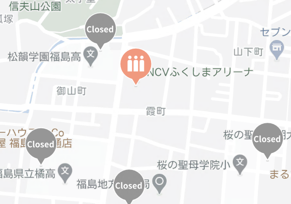 地図上でNCV福島アリーナの位置に三人の人型のピンが立っており、ピンク色で三人とも白色になっているピンがある混雑状況の地図の写真