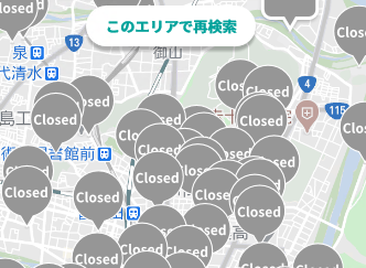 地図上に「このエリアで再検索」のボタンが表示されている画像