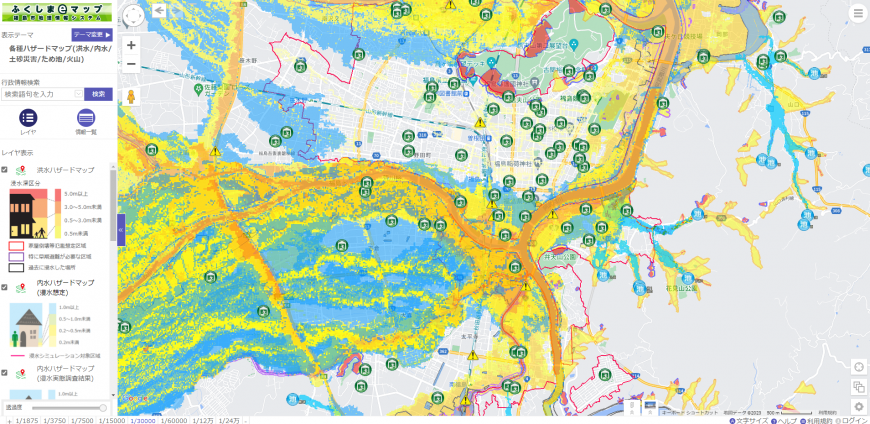 地図に浸水想定の色や指定避難場所が表示されているふくしまeマップ表示例の画像