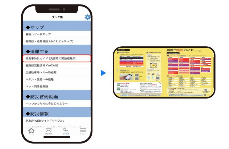 左:リンク集のページの項目「福島市防災ガイド(災害時の開設避難所)」の個所を赤枠で示したスマートフォン画面 右:福島市防災ガイド(災害時の開設避難所)について書かれたページのスマートフォン画面