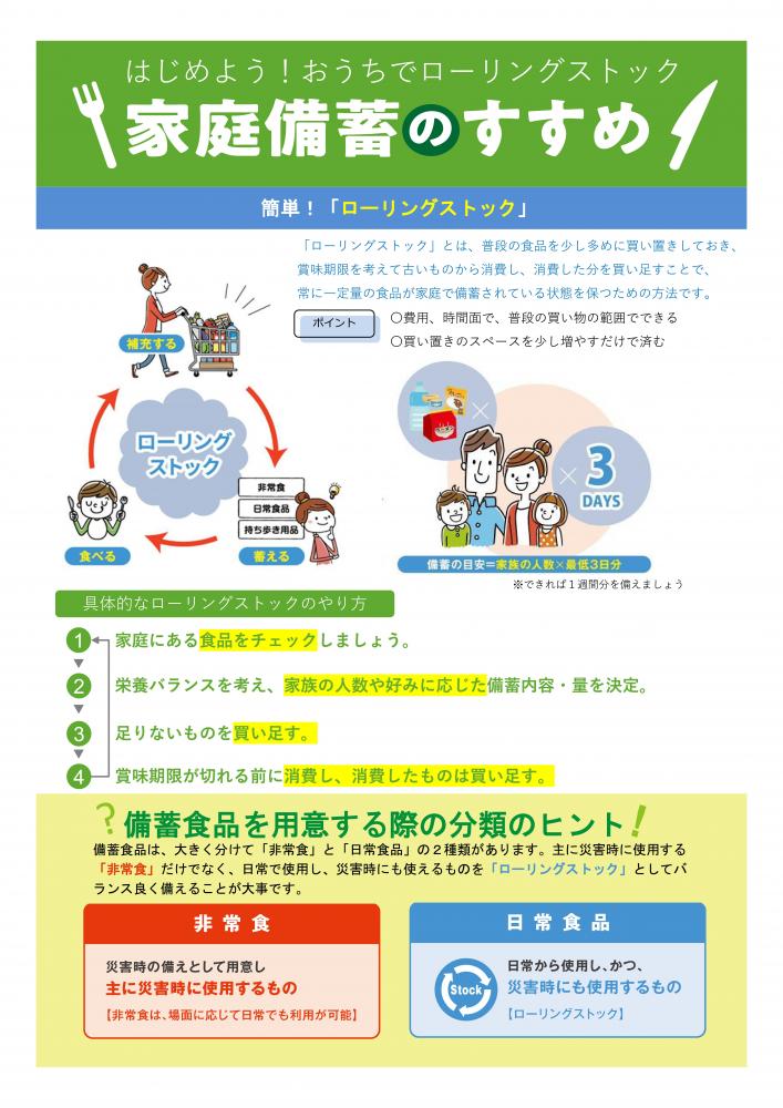 家庭備蓄のすすめ「食品ストックガイド概要版」のチラシ