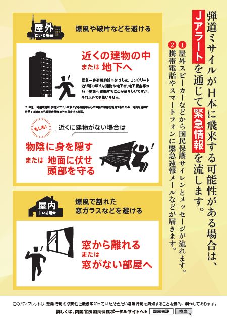 弾道ミサイルが日本に飛来する可能性がある場合Jアラートを通じて避難情報を流します。のチラシ