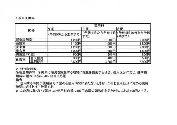 勤労青少年ホーム使用料一覧