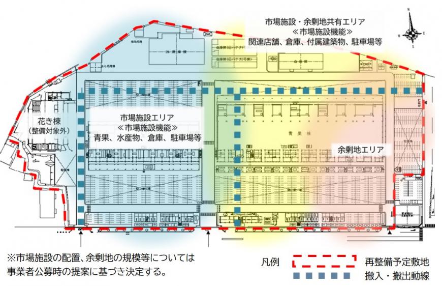 再整備予定敷地を赤点線で、搬入・搬出動線を青点線で囲った敷地内のイメージ図