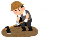 麦わら帽子を被った男性が鍬を使って一生懸命土を耕しているイラスト