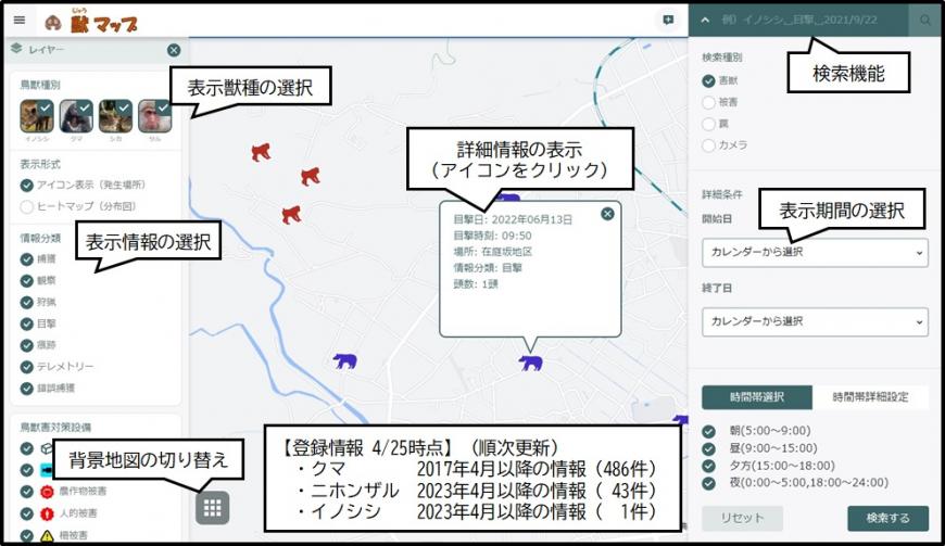 獣マップの主な機能が表示された画面キャプチャ