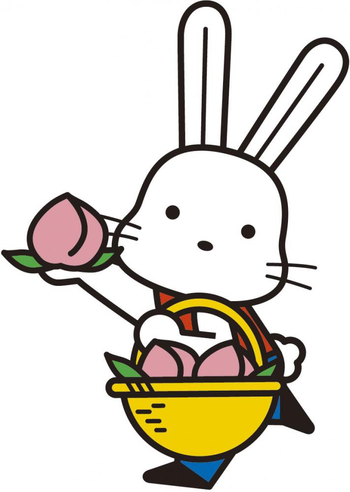 沢山の桃が入ったカゴを持ち一個手に持っているマスコットキャラクター「ももりん」のイラスト