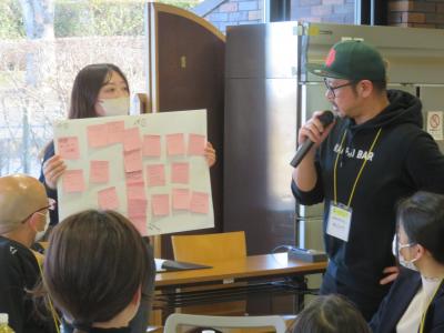 ピンク色の付箋紙がたくさん貼られた白い紙を持った女性と、マイクを持った男性が参加者の前で発表をしている様子の写真
