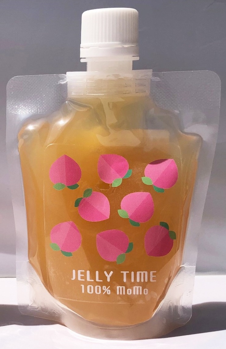 スタンドパック型の透明のパッケージに8個の桃のイラストとJELLY TIME 100%MoMoと書かれたゼリーが入った商品の写真