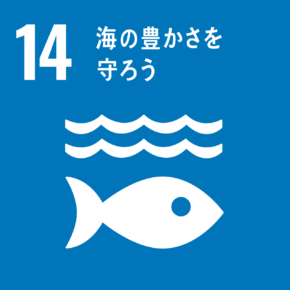 「14.海の豊かさを守ろう」の文字と、波打つ水面の下に1匹の魚が描かれているSDGs目標14のアイコン