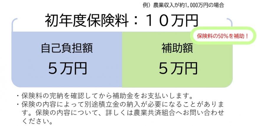 例)農業収入が約1000万円の場合 初年度保険料:10万円(自己負担額5万円補助額5万円)保険料の50%を補助! ・保険料の完納を確認してから補助金をお支払します。・保険の内容によって別途積立金の納入が必要になることがあります。保険の内容について、詳しくは農業共済組合へお問い合わせください。