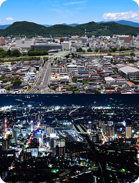 福島市の昼間の街並みと夜の夜景の写真