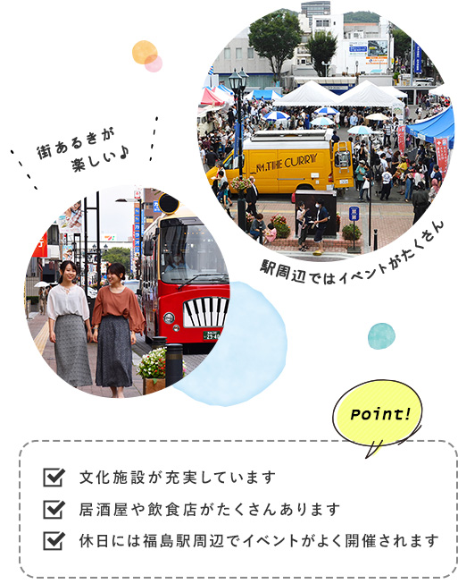 観光スポットの写真・Point! 文化施設が充実しています・居酒屋や飲食店がたくさんあります・休日には福島駅周辺でイベントがよく開催されます