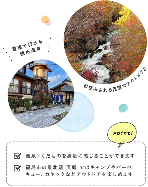 観光スポットの写真・Point 温泉×くだものを身近に感じることができます・福島市の最北端 茂庭ではキャンプやバーベキュー、カヤックなどアウトドアを楽しめます