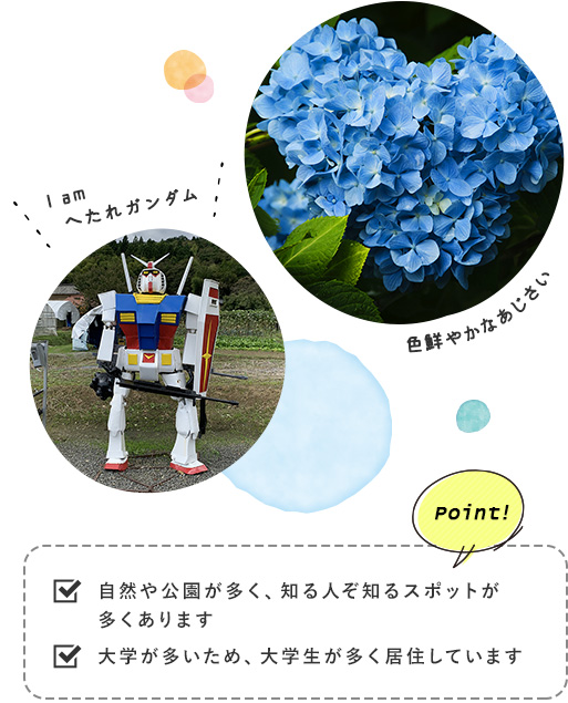 観光スポットの写真・Point!自然や公園が多く、知る人ぞ知るスポットが多くあります・大学が多いため、大学生が多く居住しています