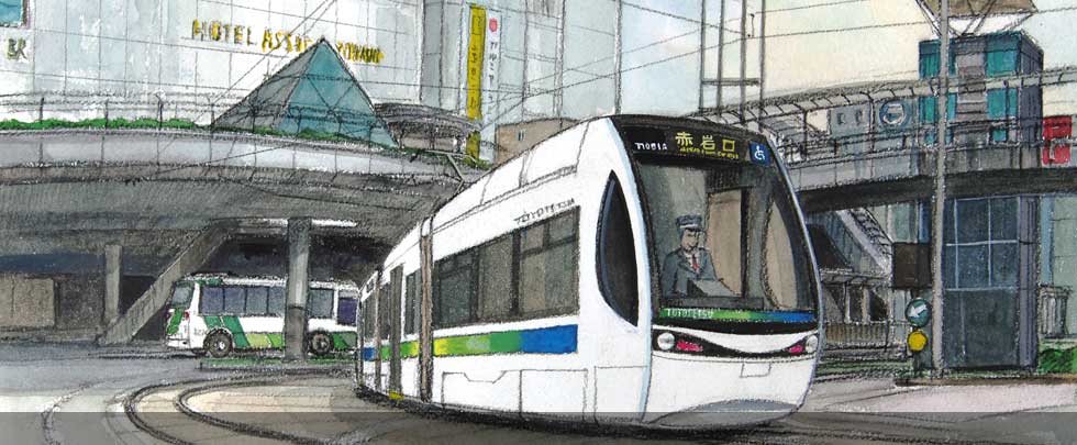 道路を走る市電のイラスト