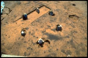 南諏訪原遺跡で発見された掘立柱建物の6つの大きな穴の中に人が立っている南諏訪原遺跡の全景を上空から撮影した写真