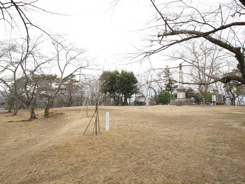 広い広場の周りに木々が生え、奥に案内板や、塔のような物が建っている大森城跡の写真