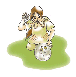 大きめの平らな石の上に置いた木の実を手で持った別の石でを割るようすのイラスト