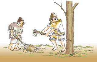 道具を使って地面を掘ったり、木を切っている土木工事のようすのイラスト