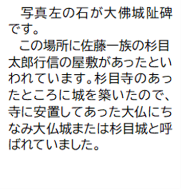 写真左の石が大佛城阯碑です。 この場所に佐藤一族の杉目太郎行信の屋敷があったといわれています。杉目寺のあったところに城を築いたので、寺に安置してあった大仏にちなみ大仏城または杉目城と呼ばれていました。