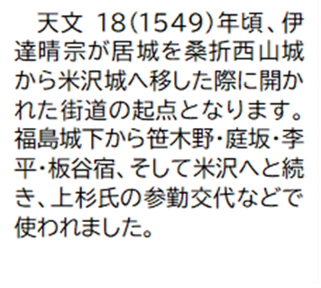 天文18(1549)年頃、伊達晴宗が居城を桑折西山城から米沢城へ移した際に開かれた街道の起点となります。福島城下から笹木野・庭坂・李平・板谷宿、そして米沢へと続き、上杉氏の参勤交代などで使われました。