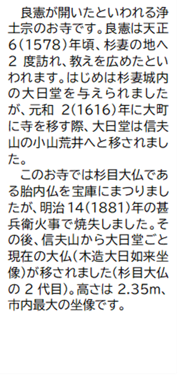 良憲が開いたといわれる浄土宗のお寺です。良憲は天正6(1578)年頃、杉妻の地へ2度訪れ、教えを広めたといわれます。はじめは杉妻城内の大日堂を与えられましたが、元和2(1616)年に大町に寺を移す際、大日堂は信夫山の小山荒井へと移されました。 このお寺では杉目大仏である胎内仏を宝庫にまつりましたが、明治14(1881)年の甚兵衛火事で焼失しました。その後、信夫山から大日堂ごと現在の大仏(木造大日如来坐像)が移されました(杉目大仏の2代目)。高さは2.35メートル、市内最大の坐像です。