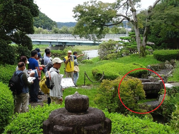 緑が茂る中にある密語橋を観察する受講者たちと指さしをして説明する講師の写真