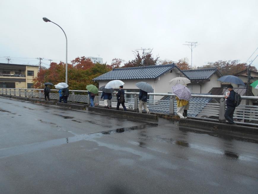 新十綱橋を並んで歩く参加者たちを橋の反対側から撮影した写真