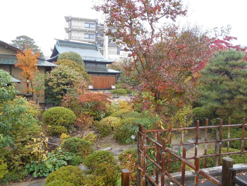赤みがかった広葉樹が植えられた旧花水館奥の間の庭園を撮影した写真