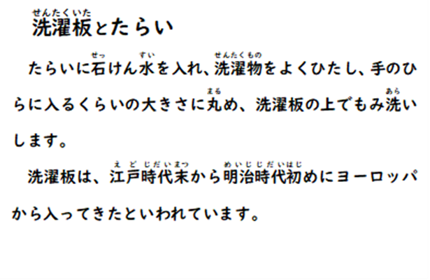 洗濯板とたらい たらいに石けん水を入れ、洗濯物をよくひたし、手のひらに入るくらいの大きさに丸め、洗濯板の上でもみ洗い します。洗濯板は、江戸時代末から明治時代初めにヨーロッパから入ってきたといわれています。