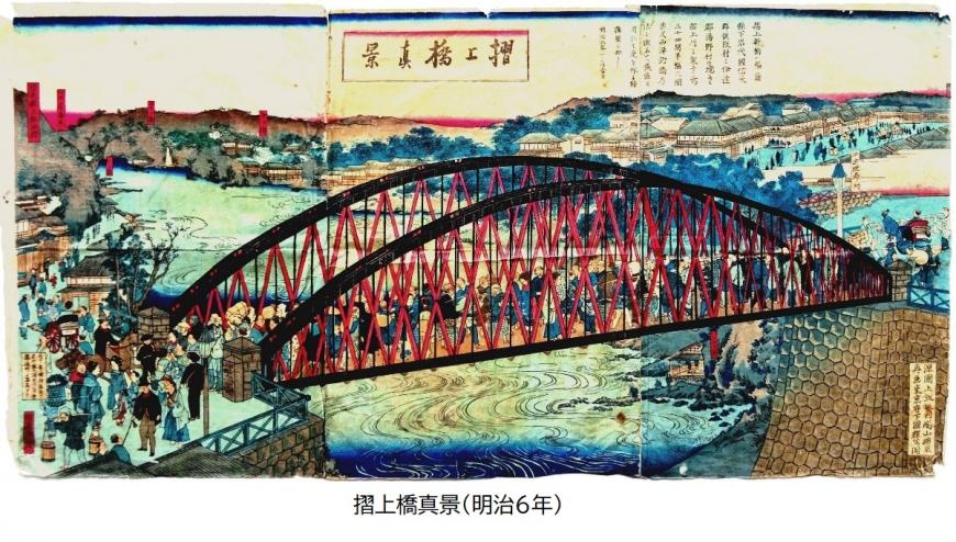 川の上に架かったアーチ状の端が描かれた摺上橋真景の画像