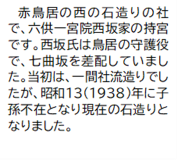 赤鳥居の西の石造りの社で、六供一宮院西坂家の持宮です。西坂氏は鳥居の守護役で、七曲坂を差配していました。当初は、一間社流造りでしたが、昭和13(1938)年に子孫不在となり現在の石造りとなりました。