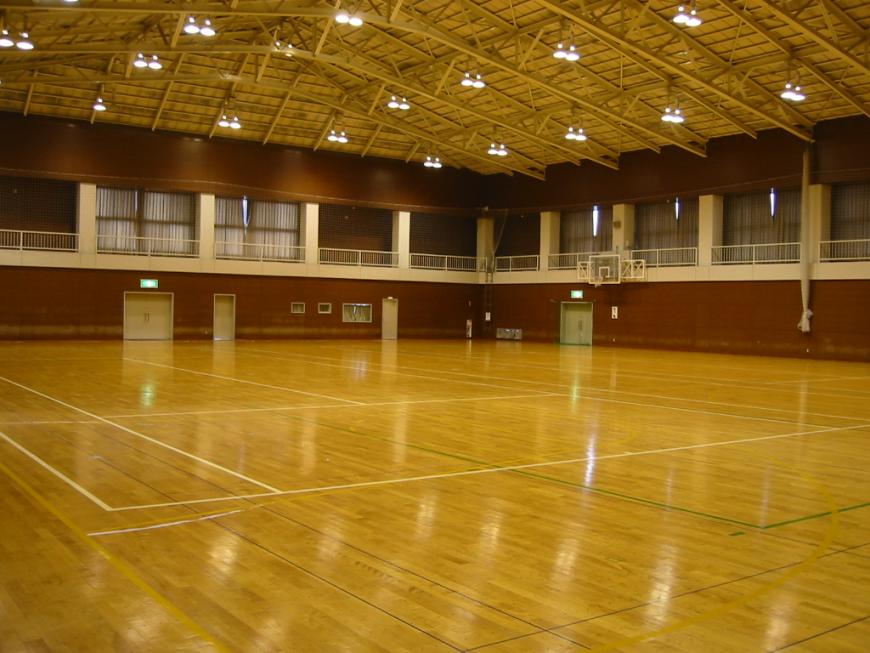 床に白や緑色の複数のラインが入っている南体育館内の写真