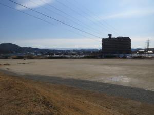 手前にある土手の奥に砂地の広場がある荒川運動公園の写真
