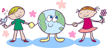 鳥を手に乗せた男の子、地球、花を持っている女の子が手をつないでいるイラスト