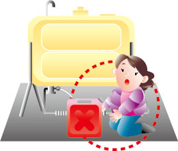 ホームタンクから赤いポリタンクへ小分け作業をしているイラスト