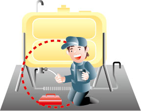 作業服を着た男性がホームタンクの点検を行っているイラスト