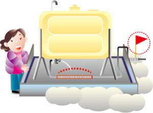 ホームタンクの破損部分に赤い旗などで目印で示しているイラスト