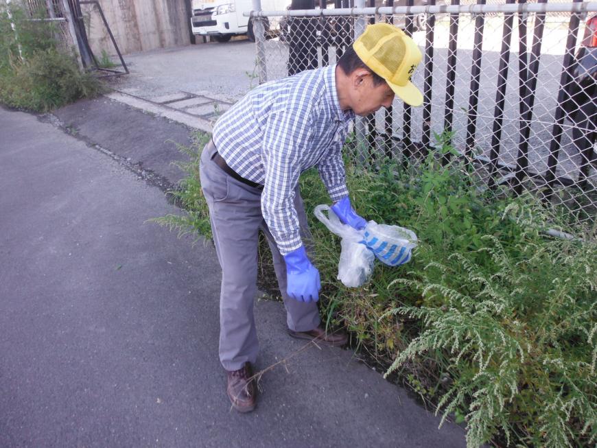 黄色いメッシュ帽を被った浅野さんが手にゴム手袋をして雑草を抜き取ろうとしている写真